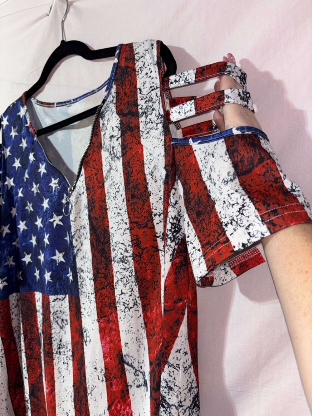 Women's Cold-Shoulder US Flag Print Tunic Top - Red, White & Blue - Picture 4 of 13